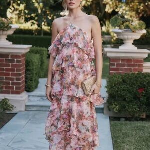 Lulus Melody Pink Floral Tiered Halter Maxi Dress